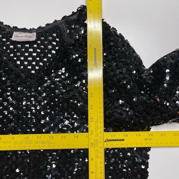 Vintage 80s Three Flaggs Sz Medium Black Sequin Disco Mesh Top Pullover - Picture 8 of 8
